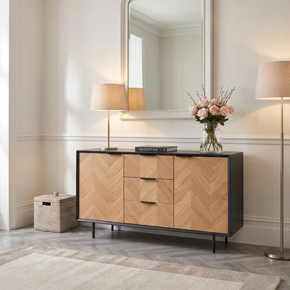 Scandinavian Two Tone Chevron Oak & Black Wood 2 Door 3 Drawer Sideboard with Herringbone Veneer Doors – Modern Scandi Storage Cabinet with Slim Black Metal Handles, Black Frame & Legs, Wooden Buffet Sideboard for Living Room, Dining Room & Hallway 80x140x43cm | Click Style