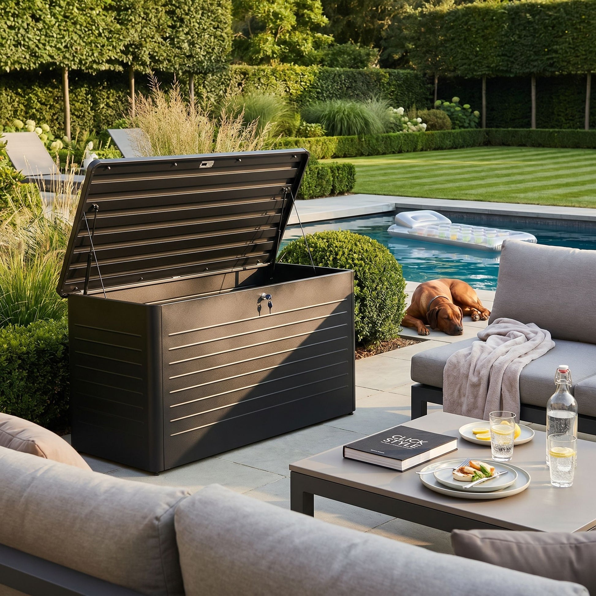Large Black Galvanised Steel Outdoor Cushion Storage Box with Lockable Lid – Metal Garden Storage Chest 91x160x79cm – weatherproof powder-coated galvanised steel outdoor cushion storage box with gas pump-assisted soft-close lid, lockable garden storage for patio cushions, furniture covers and outdoor accessories, modern black luxury garden storage chest for premium outdoor living spaces | Click Style