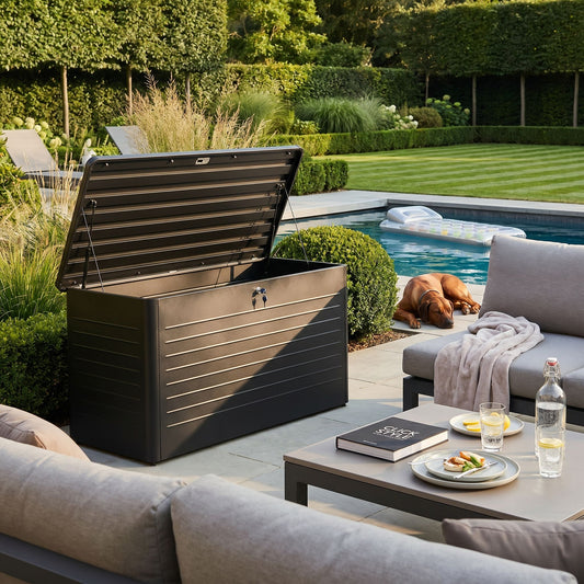 Large Black Galvanised Steel Outdoor Cushion Storage Box with Lockable Lid – Metal Garden Storage Chest 91x160x79cm – weatherproof powder-coated galvanised steel outdoor cushion storage box with gas pump-assisted soft-close lid, lockable garden storage for patio cushions, furniture covers and outdoor accessories, modern black luxury garden storage chest for premium outdoor living spaces | Click Style