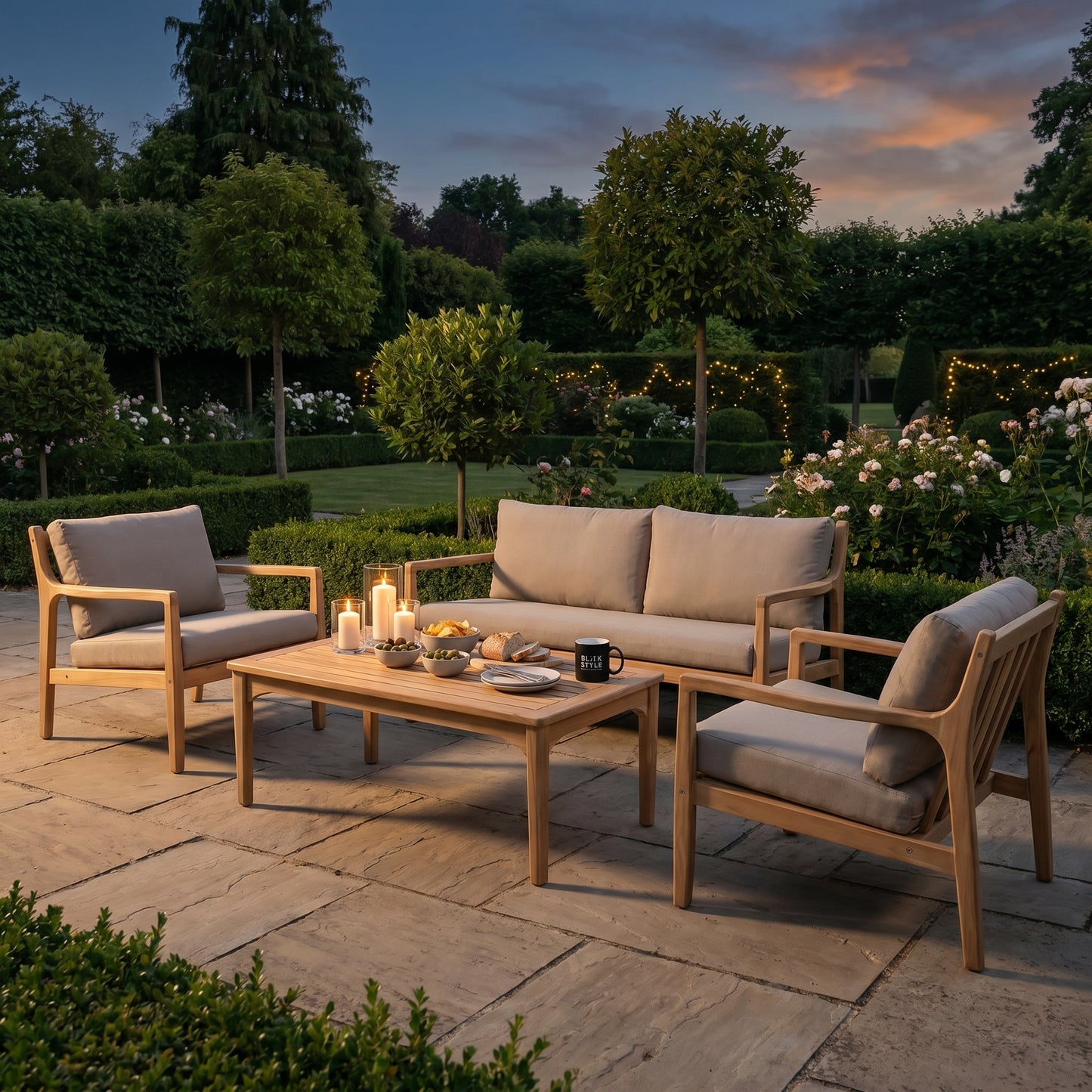 Neutral Beige Taupe Outdoor Garden Sofa Set with Cushions, 2 Armchairs & Rectangular Coffee Table – Light Teak Effect Acacia Wood 4-Seater Patio Lounge Set with Deep Seat & Back Cushions for Garden, Terrace, Conservatory, Decking & Outdoor Living Space | Click Style