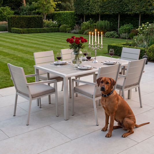 Grey & Cream 6-Seater Outdoor Garden Dining Set with Cushions – Powder-Coated Aluminium Table & Chairs with Polywood Top – modern outdoor dining set with weather-resistant latte cream aluminium frame, ash grey slatted polywood tabletop, stackable garden chairs with putty grey Olefin cushions, luxury outdoor dining furniture for contemporary gardens, patios and outdoor entertaining spaces | Click Style