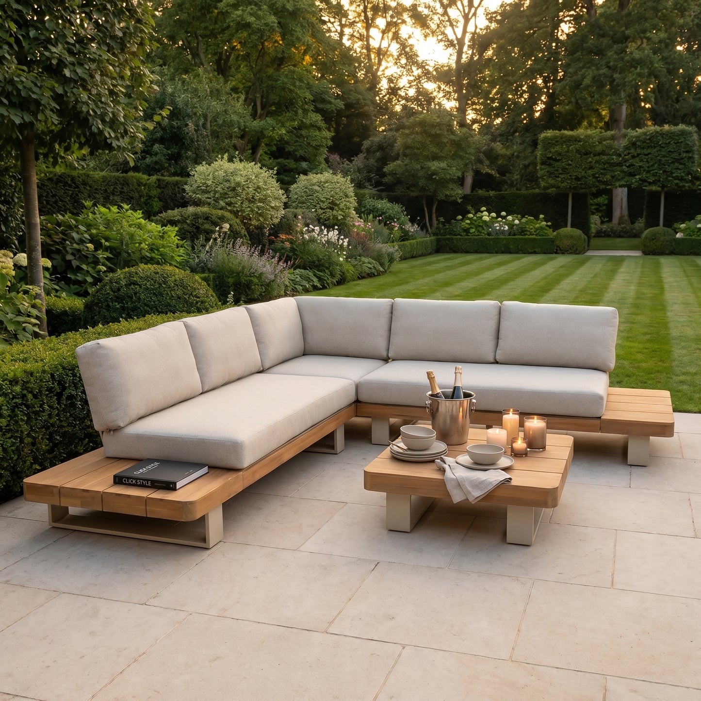 Natural & Light Beige 6-Seater Outdoor Garden Corner Sofa Set with Cushions – Acacia Wood Platform Lounge Set with Light Beige Powder-Coated Aluminium Frame, Coffee Table & Integrated Platform Side Tables 280x280cm, Deep Season-Proof Linen-Look Cushions & Weather-Resistant Outdoor Lounge Furniture for UK Gardens, Patios & Terraces | Click Style
