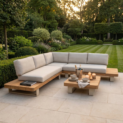 Natural & Light Beige 6-Seater Outdoor Garden Corner Sofa Set with Cushions – Acacia Wood Platform Lounge Set with Light Beige Powder-Coated Aluminium Frame, Coffee Table & Integrated Platform Side Tables 280x280cm, Deep Season-Proof Linen-Look Cushions & Weather-Resistant Outdoor Lounge Furniture for UK Gardens, Patios & Terraces | Click Style