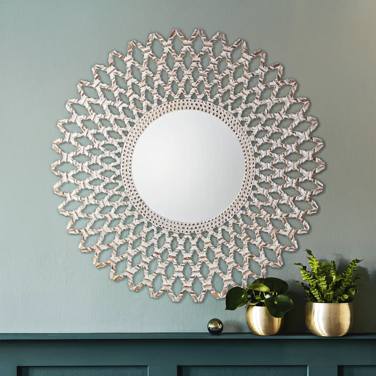 Extra Large Round White & Bronze Lattice Statement Wall Mirror 122x122x2.5cm – Click Style