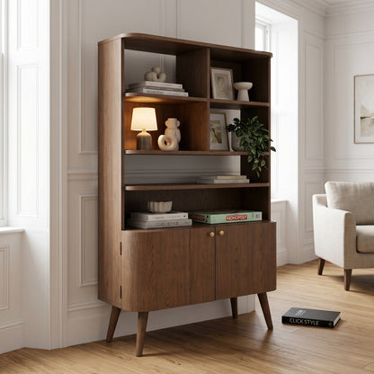 Scandinavian 2 Door Shelving & Storage Unit with Retro Curved Design, Dark Ash Wood & Veneer Finish, Open Niche Display Cabinet, Gold Handles for Living Room, Dining Room or Home Office 166x105x40cm | Click Style