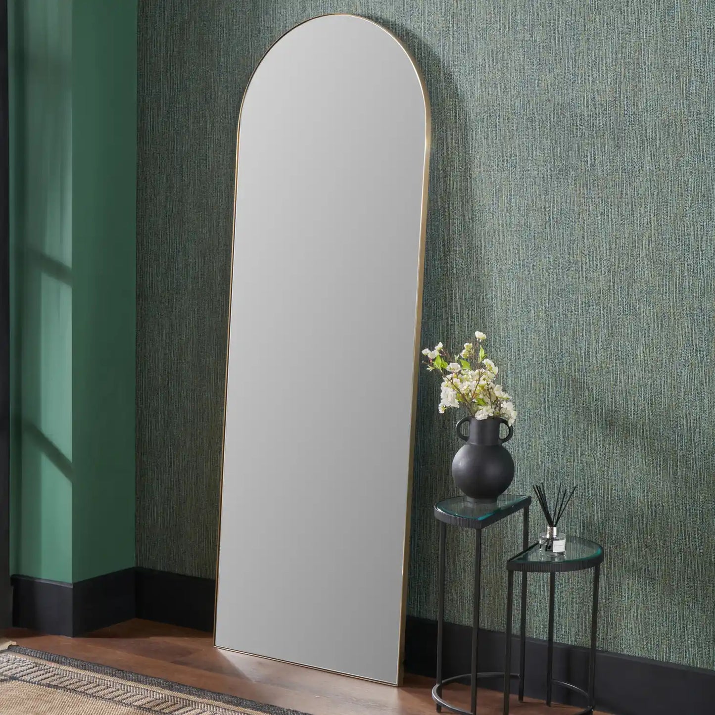 Full Length Arched Brushed Gold Metal Thin Framed Leaner Mirror 200x70x3cm – Click Style