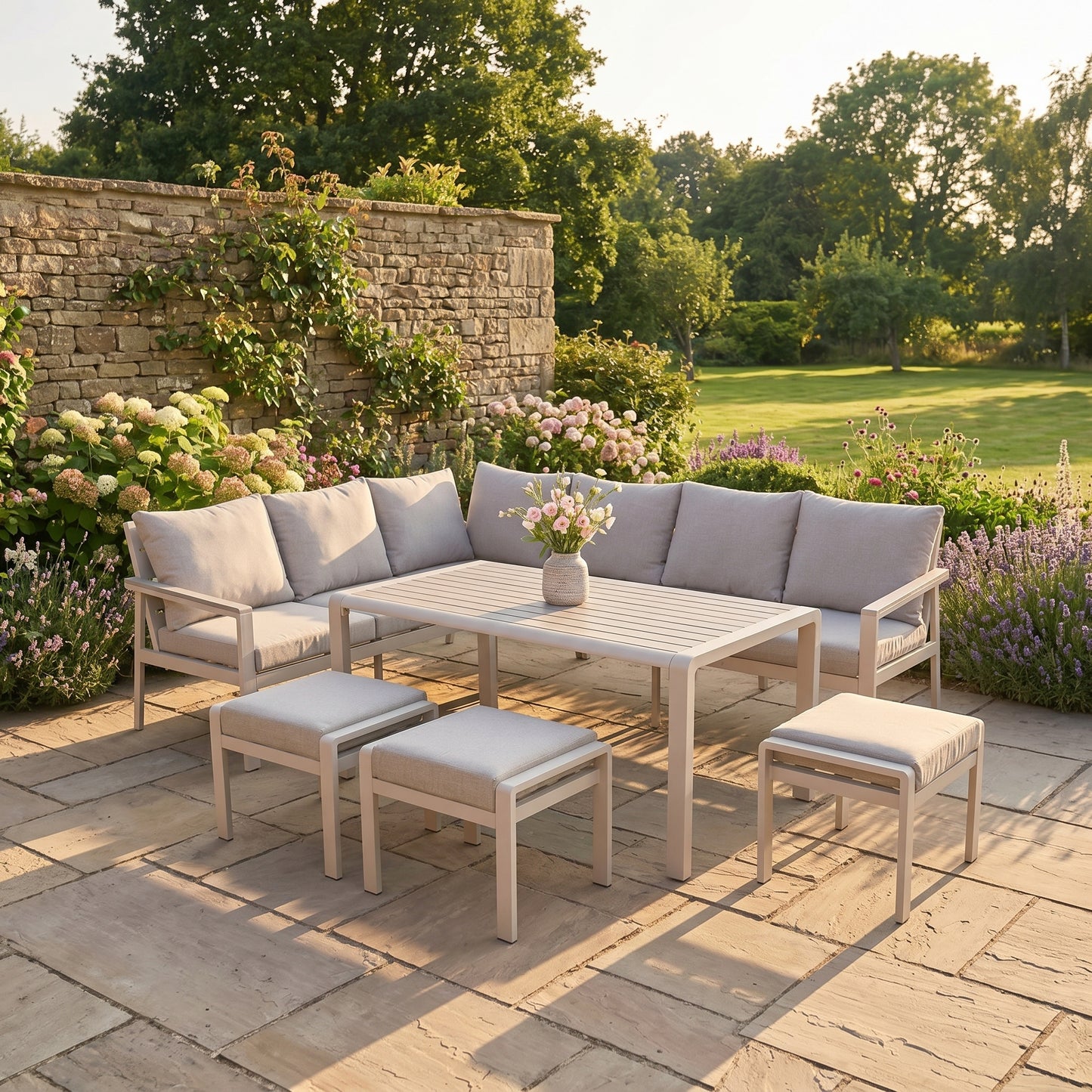 Grey & Cream 8-Seater Outdoor Garden Corner Sofa Dining Set with Cushions – Aluminium Frame, Polywood Table & Footstools, Luxury Corner Lounge Dining Set with Season-Proof Cushions, Modern Garden Furniture for Patios, Decking, Terraces & Outdoor Dining | Click Style