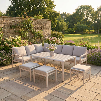 Grey & Cream 8-Seater Outdoor Garden Corner Sofa Dining Set with Cushions – Aluminium Frame, Polywood Table & Footstools, Luxury Corner Lounge Dining Set with Season-Proof Cushions, Modern Garden Furniture for Patios, Decking, Terraces & Outdoor Dining | Click Style