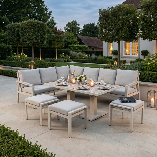 Grey & Cream 8-Seater Outdoor Garden Corner Sofa Set with Cushions – Aluminium Frame, Adjustable Polywood Coffee to Dining Table & 3 Footstools with Latte Cream Frame, Ash Grey Wood-Effect Polywood Top and Putty Grey Olefin Cushions for Patio Dining, Garden Lounging & Outdoor Entertaining | Click Style