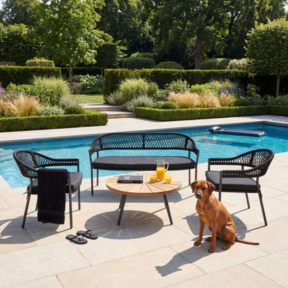 Black 4-Seater Outdoor Rope Garden Sofa Set with Cushions – Acacia Wood Coffee Table & Powder-Coated Aluminium Chairs – contemporary black rope weave garden lounge set with teak-effect acacia wood round coffee table, powder-coated aluminium frames, season-proof cushions and luxury patio seating for modern terraces, courtyards and stylish outdoor living spaces 39x80x80cm | Click Style