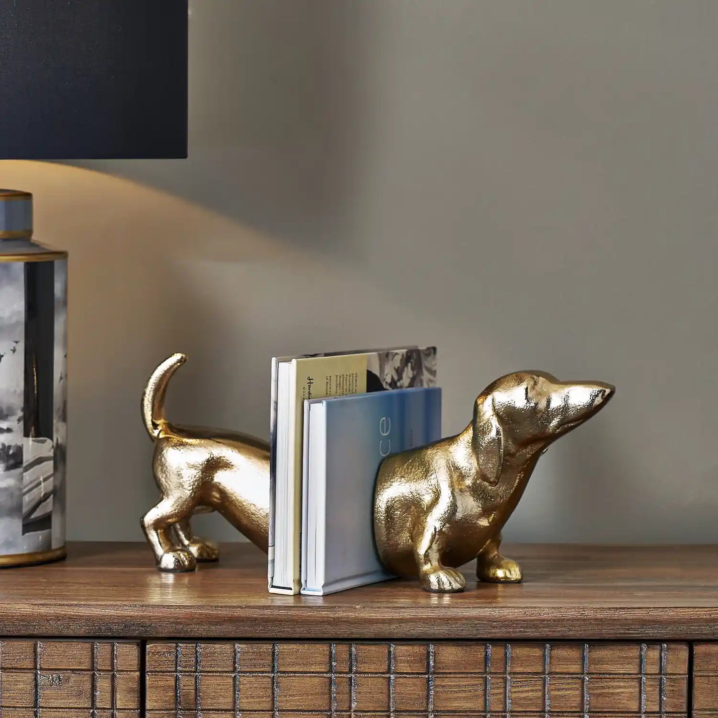 Gold Sausage Dog Bookends – Click Style