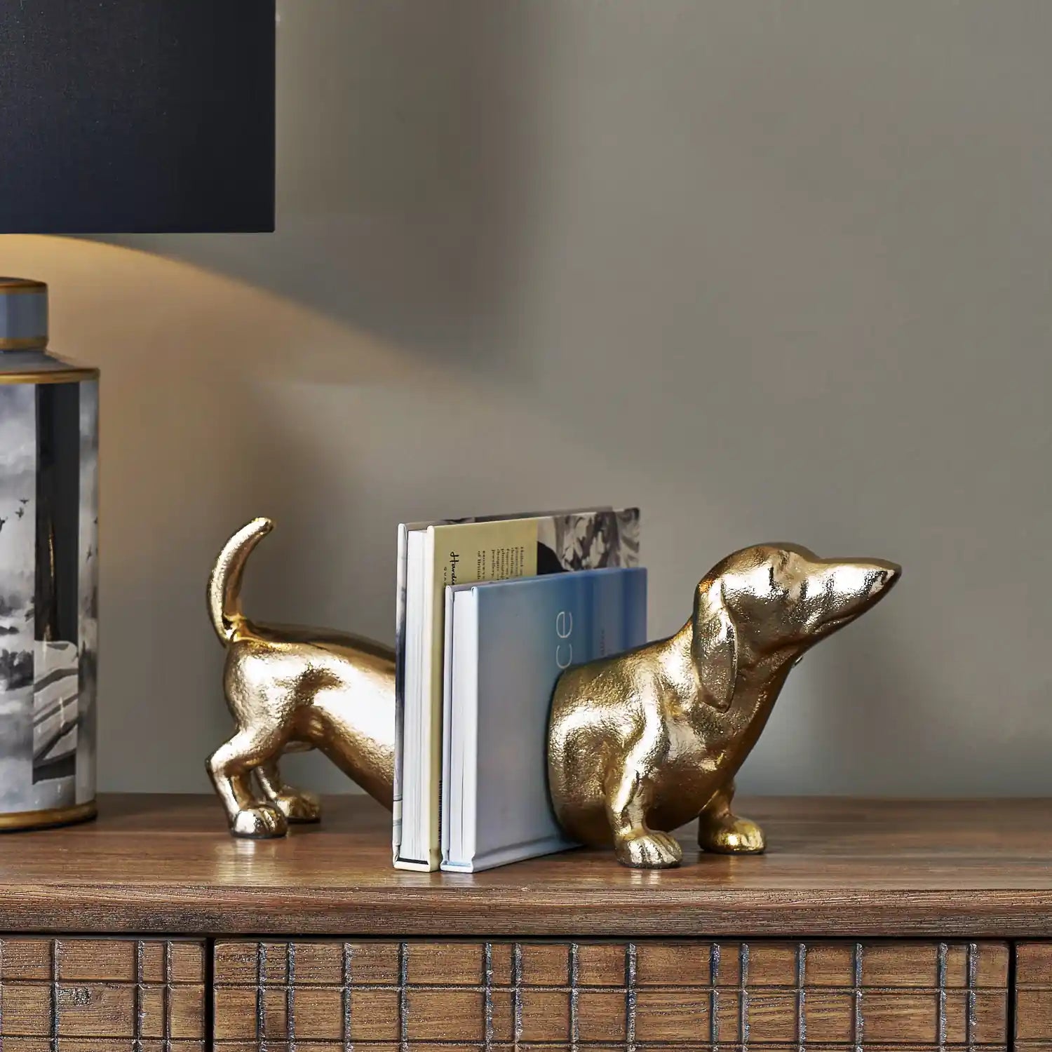 Gold Sausage Dog Bookends – Click Style