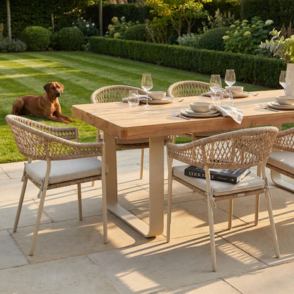 Natural & Light Beige 6 Seater Outdoor Garden Dining Set with Square Tie-On Cushions – Large Rectangular Thick-Top Acacia Wood Table & 6 Curved Back Rope Weave Dining Chairs, Light Beige Powder-Coated Aluminium Frame, Light Linen Season-Proof Cushions with Secure Ties, Weather-Resistant Luxury Patio Furniture Set for UK Gardens, Patios, Decking & Terraces | Click Style