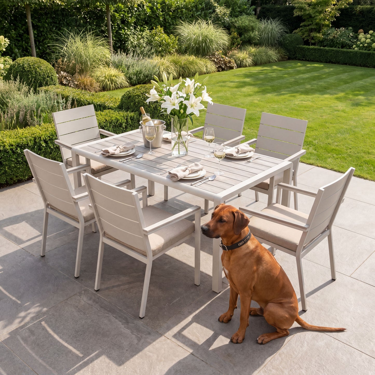 Grey & Cream 6-Seater Outdoor Garden Dining Set with Cushions – Powder-Coated Aluminium Table & Chairs with Polywood Top – modern outdoor dining set with weather-resistant latte cream aluminium frame, ash grey slatted polywood tabletop, stackable garden chairs with putty grey Olefin cushions, luxury outdoor dining furniture for contemporary gardens, patios and outdoor entertaining spaces | Click Style