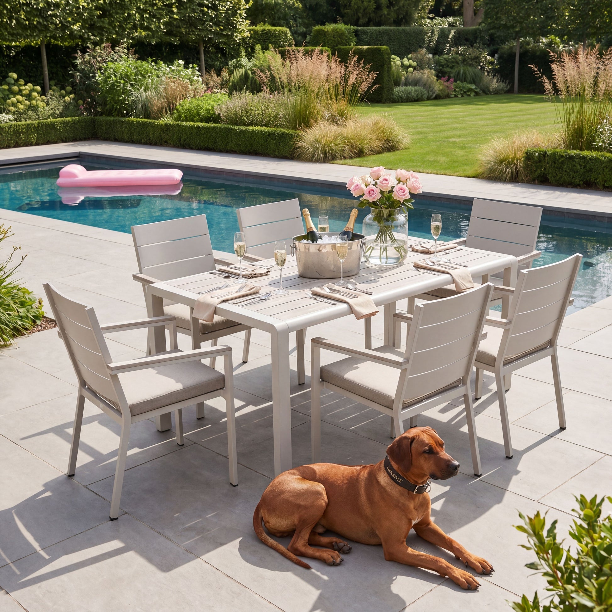 Grey & Cream 6-Seater Outdoor Garden Dining Set with Cushions – Powder-Coated Aluminium Table & Chairs with Polywood Top – modern outdoor dining set with weather-resistant latte cream aluminium frame, ash grey slatted polywood tabletop, stackable garden chairs with putty grey Olefin cushions, luxury outdoor dining furniture for contemporary gardens, patios and outdoor entertaining spaces | Click Style
