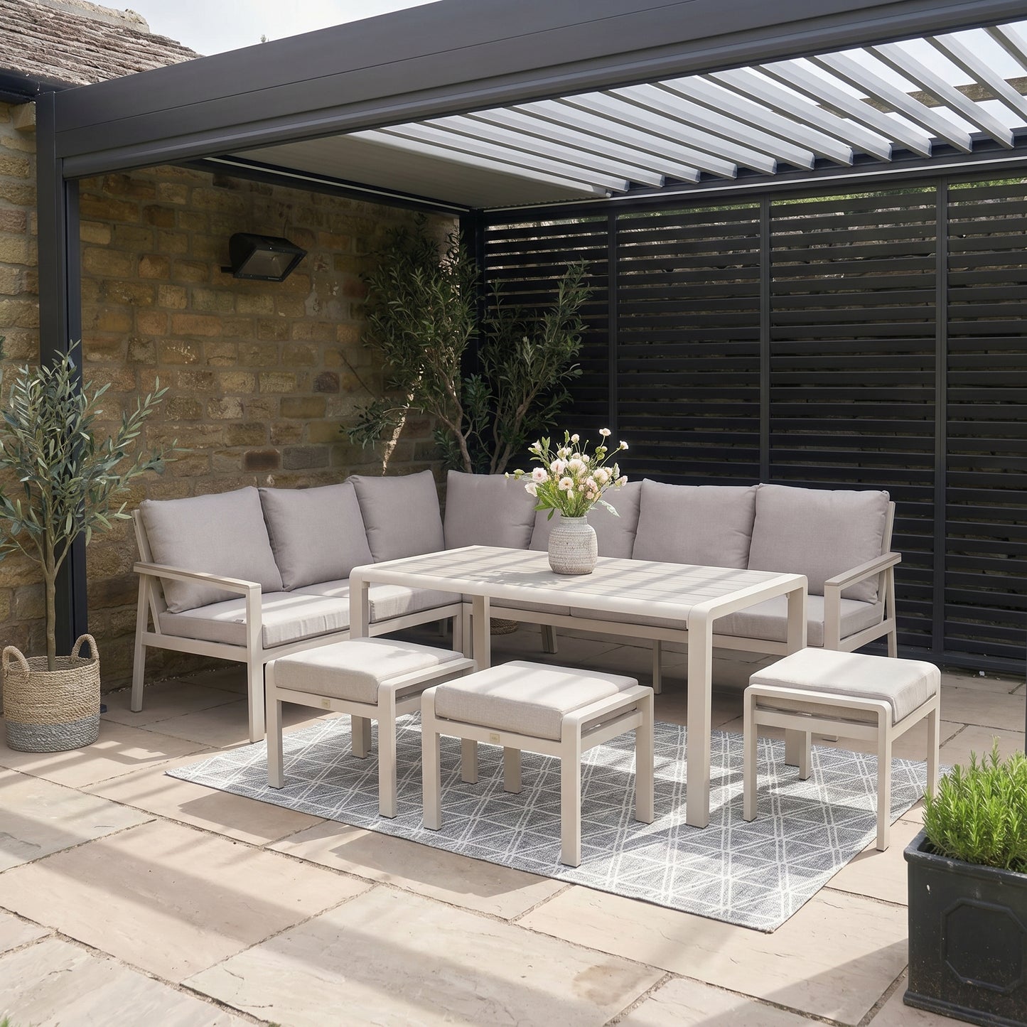 Grey & Cream 8-Seater Outdoor Garden Corner Sofa Dining Set with Cushions – Aluminium Frame, Polywood Table & Footstools, Luxury Corner Lounge Dining Set with Season-Proof Cushions, Modern Garden Furniture for Patios, Decking, Terraces & Outdoor Dining | Click Style