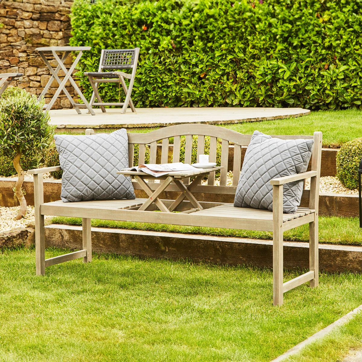 Henley Antique Grey Acacia Wood Garden Bench with Pop-up Table – Click Style