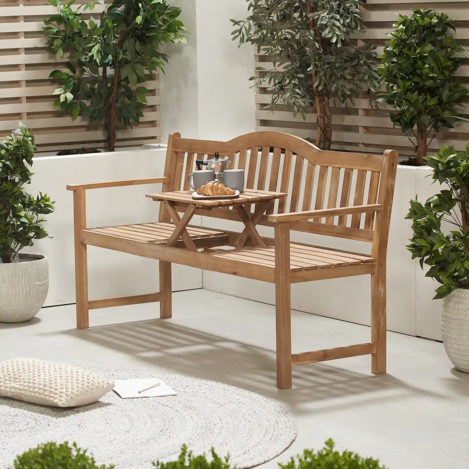 Henley Natural Acacia Wood Garden Bench with Pop-up Table – Click Style