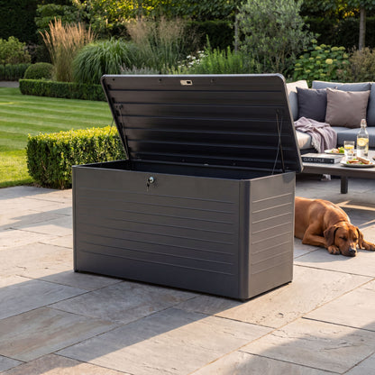 Large Anthracite Grey Galvanised Steel Outdoor Cushion Storage Box with Lockable Lid – Metal Garden Storage Chest 91x160x79cm – weatherproof powder-coated galvanised steel outdoor cushion storage box with gas pump-assisted soft-close lid, lockable garden storage for patio cushions, furniture covers and outdoor accessories, modern anthracite grey luxury garden storage chest for contemporary patios, landscaped gardens and premium outdoor living spaces | Click Style