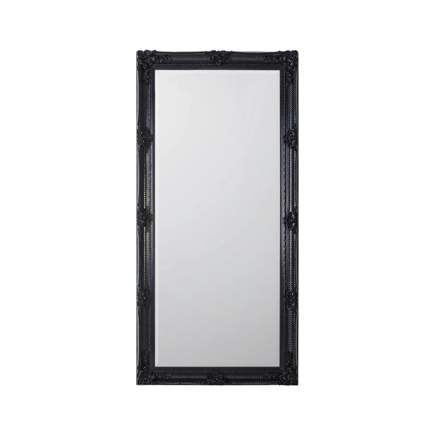 Large Ornate Rectangular Black Leaner Mirror 165x79.5x6.5cm – Click Style