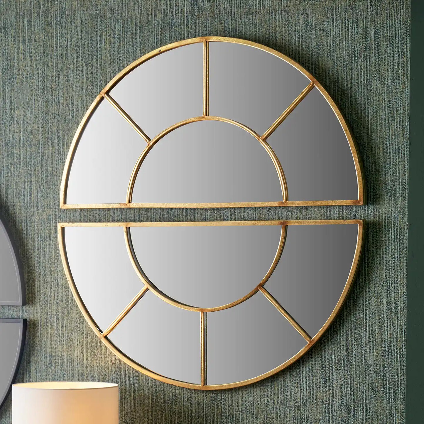 Large Round Antique Gold Metal Sectional Window Wall Mirror 92x92x3cm – Click Style