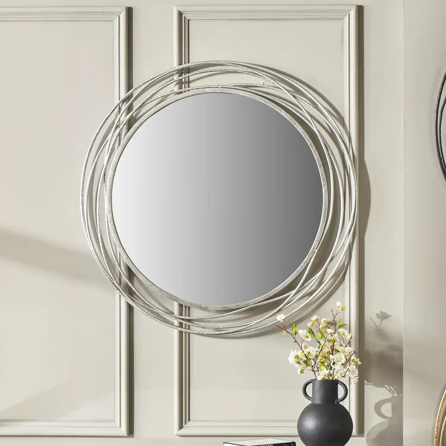 Large Round Antique Silver Metal Swirl Wall Mirror 90x90x3cm – Click Style