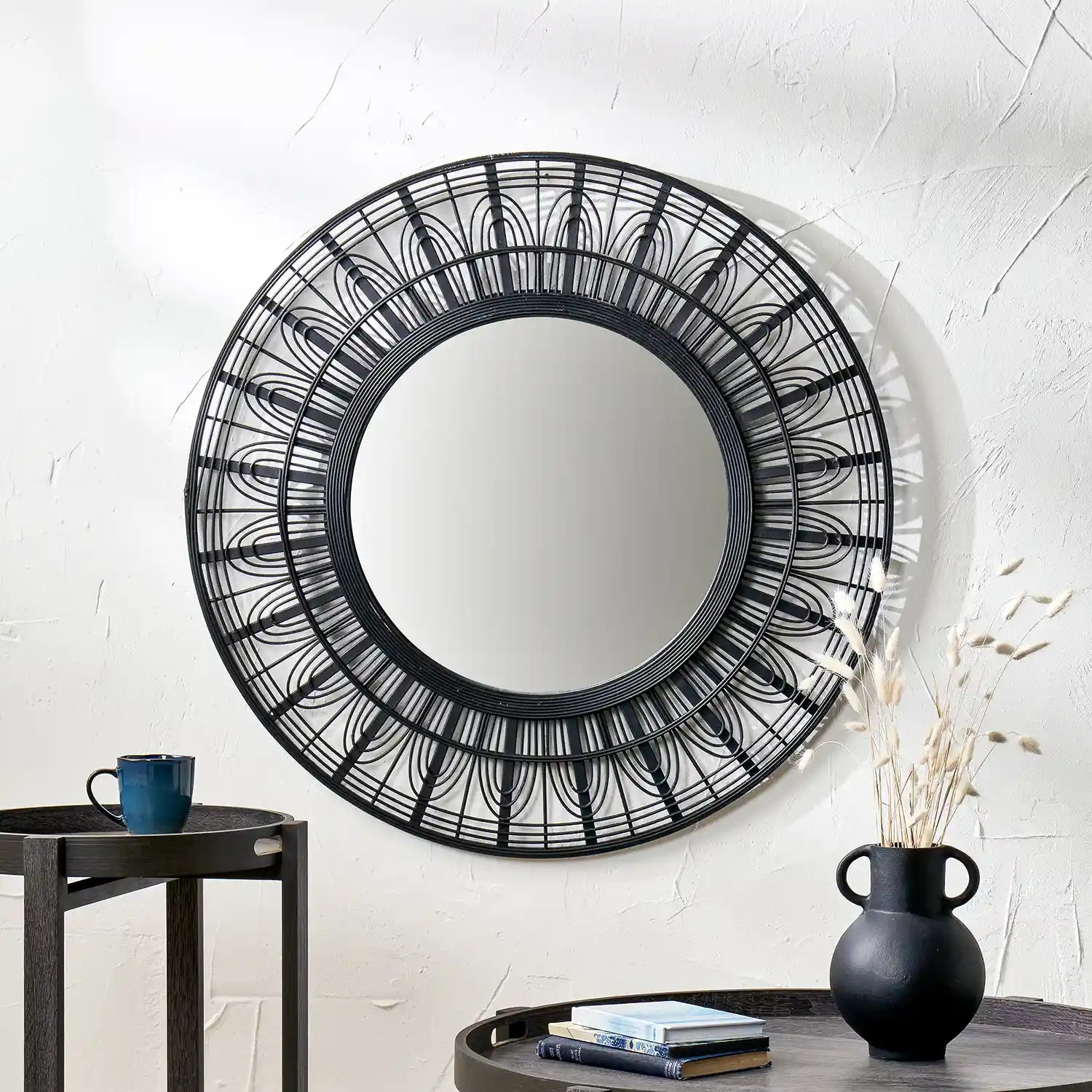 Large Round Black Bamboo Frame Statement Wall Mirror 90x90x2cm – Click Style