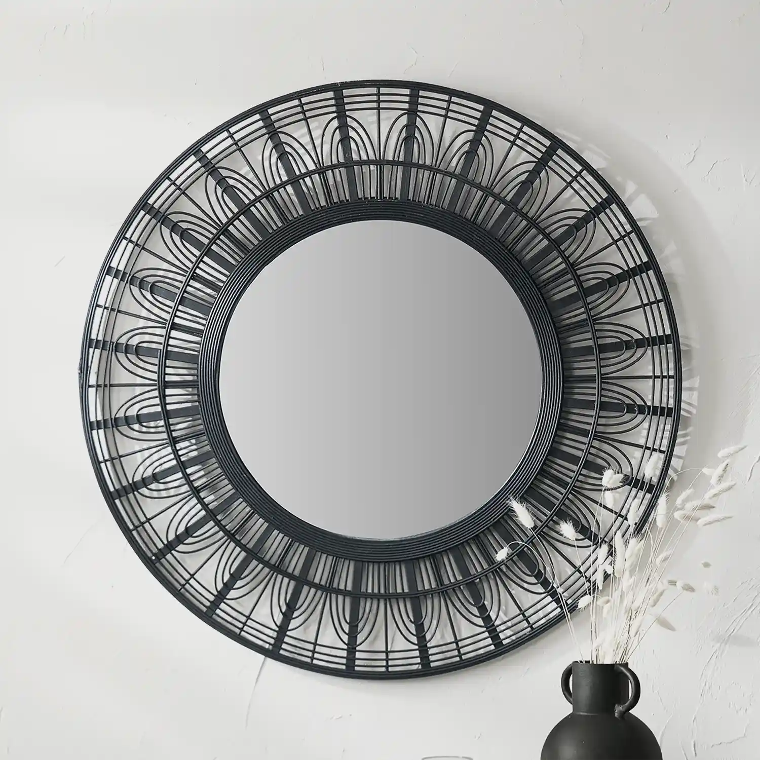 Large Round Black Bamboo Frame Statement Wall Mirror 90x90x2cm – Click Style