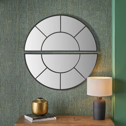 Large Round Black Metal Sectional Window Wall Mirror 92x92x3cm – Click Style