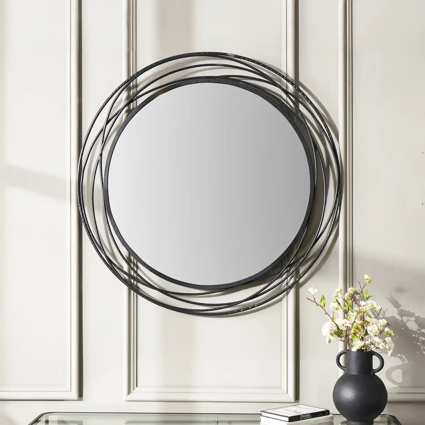 Large Round Black Metal Swirl Wall Mirror 90x90x3cm – Click Style