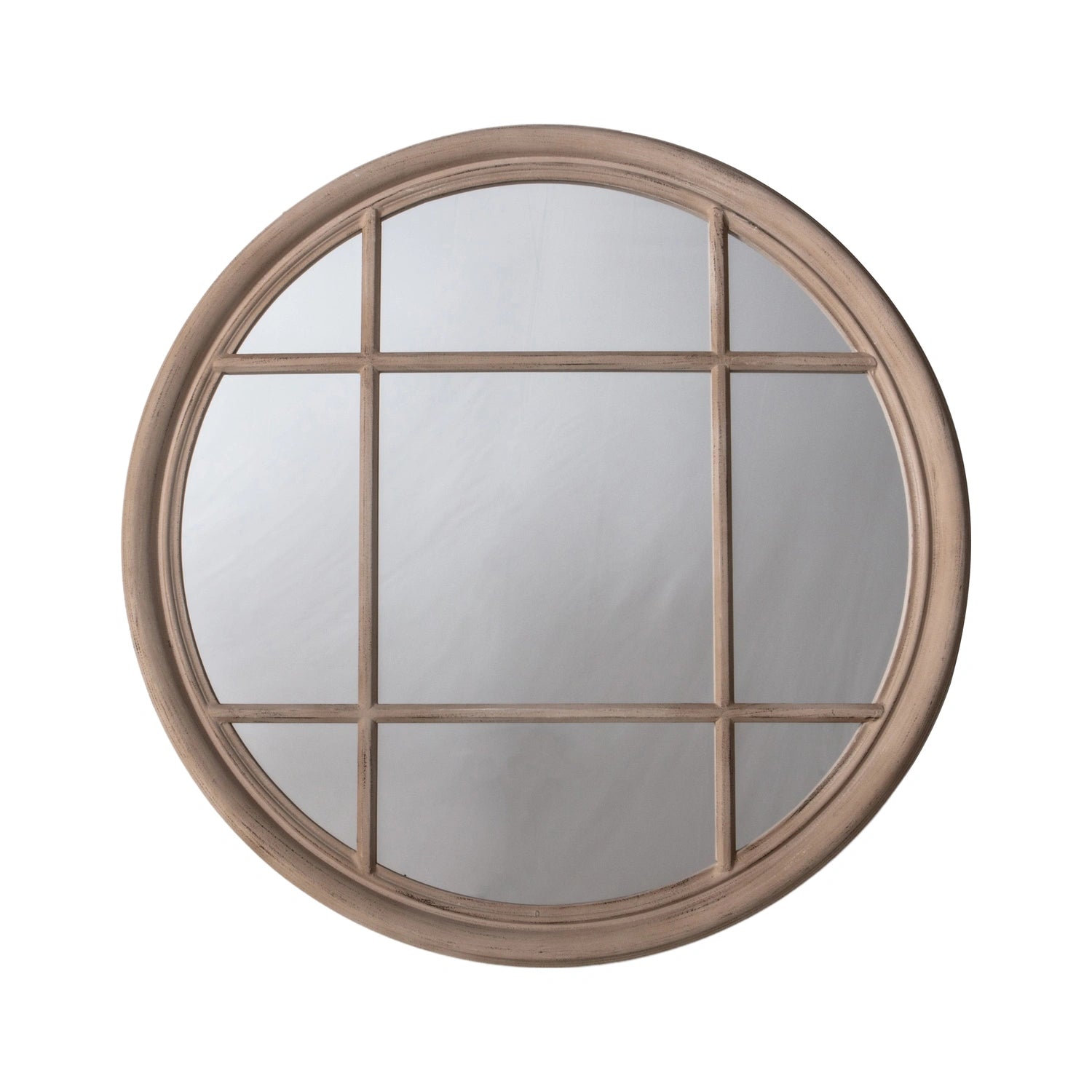 Large Round Distressed Deep Beige Window Wall Mirror 100x100x4cm – Click Style