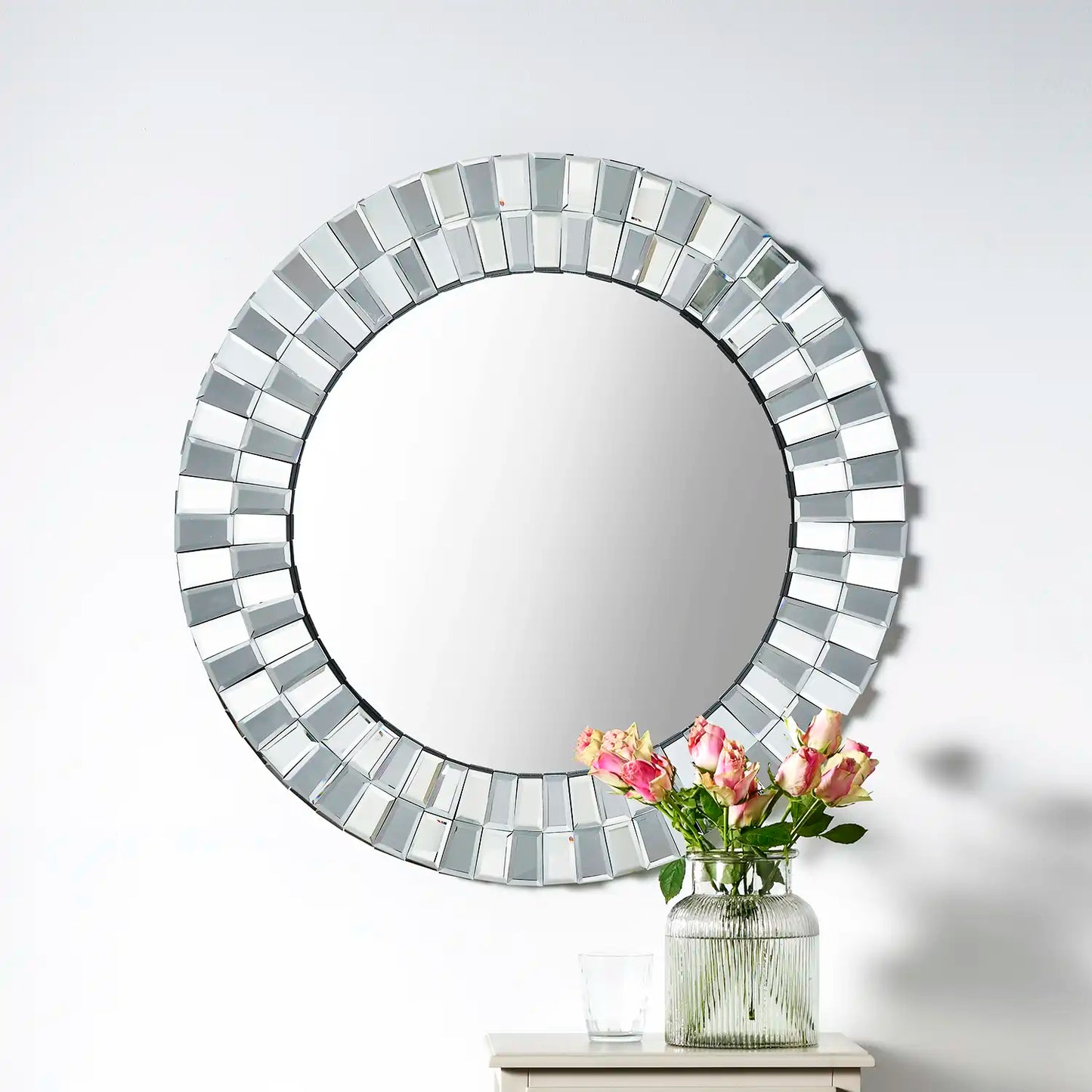 Large Round Mirrored Glass Tile Framed Wall Mirror 80x80x3cm – Click Style