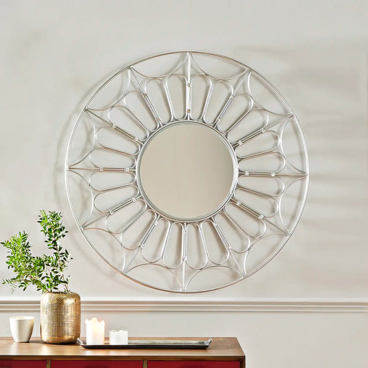 Large Round Silver Metal Cane Design Wall Mirror 100x100x5cm – Click Style