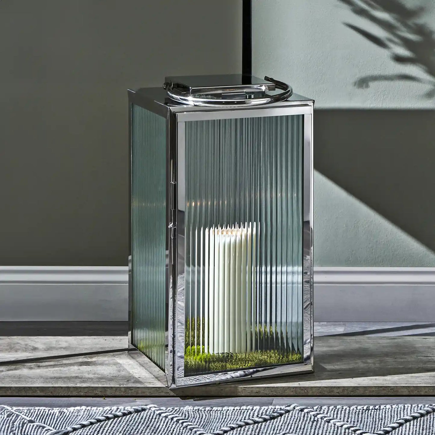 Large Silver Metal & Ribbed Glass Lantern 58x30x31cm – Click Style