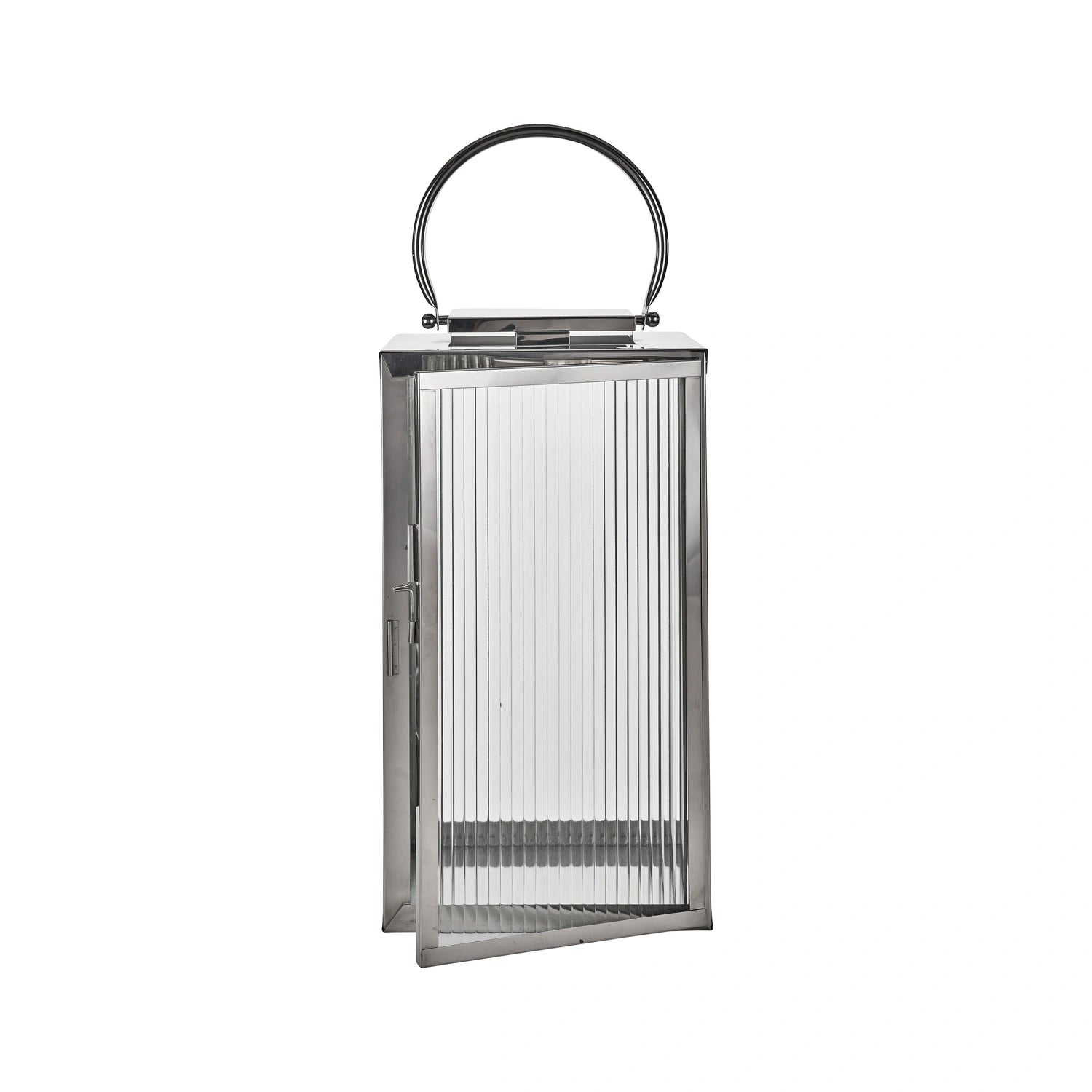 Large Silver Metal & Ribbed Glass Lantern 58x30x31cm – Click Style