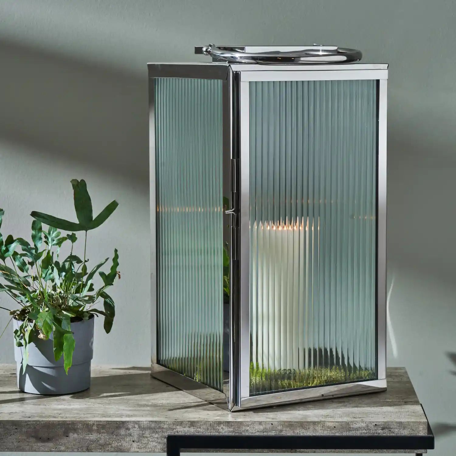 Large Silver Metal & Ribbed Glass Lantern 58x30x31cm – Click Style