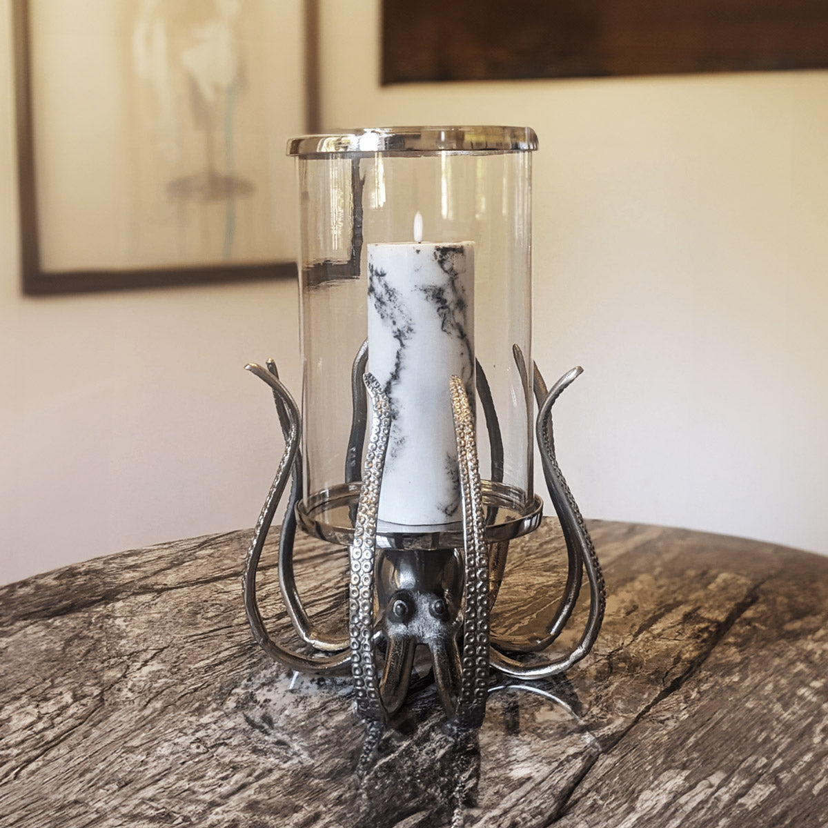 Large silver octopus hurricane candle holder - Click Style