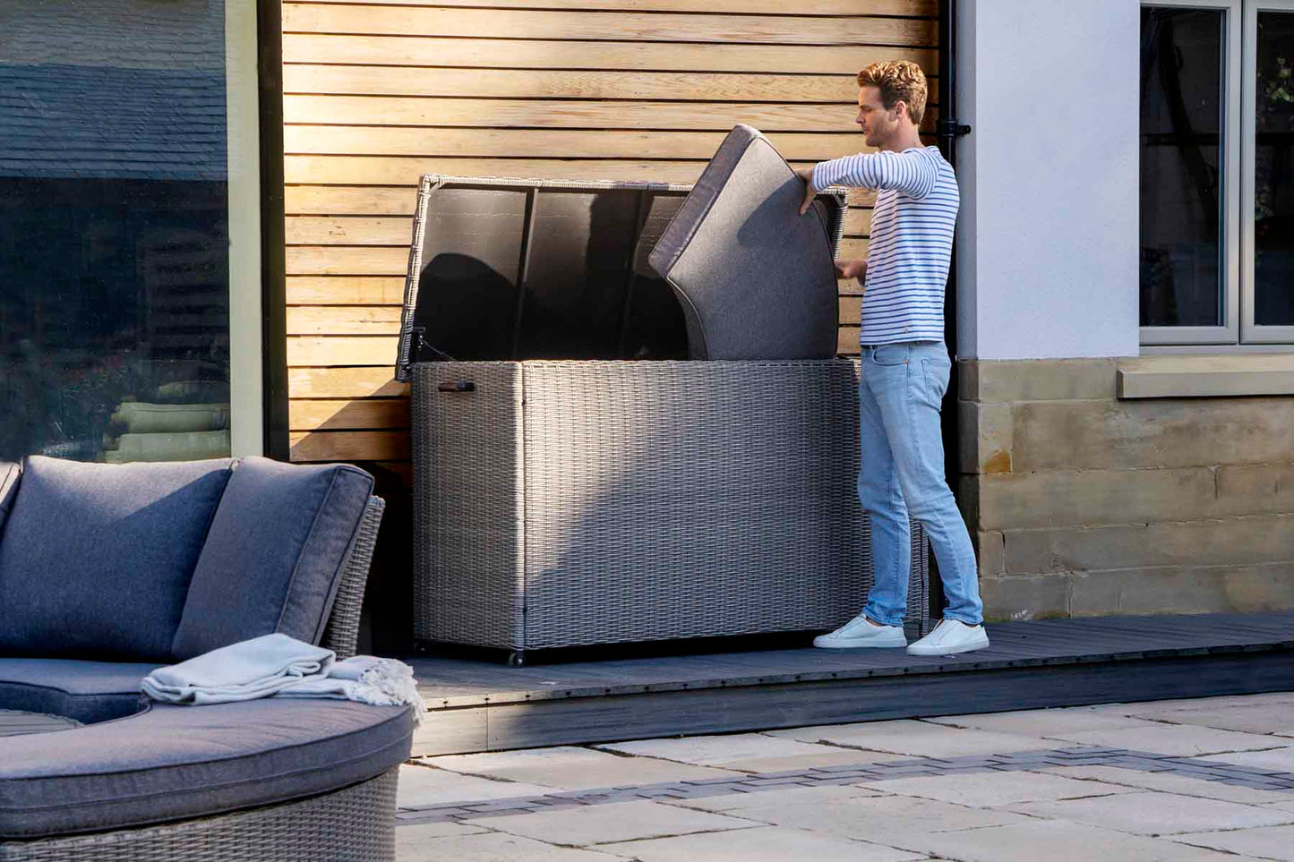 Large Slate Grey Rattan Effect Garden Cushion Storage Box – Click Style