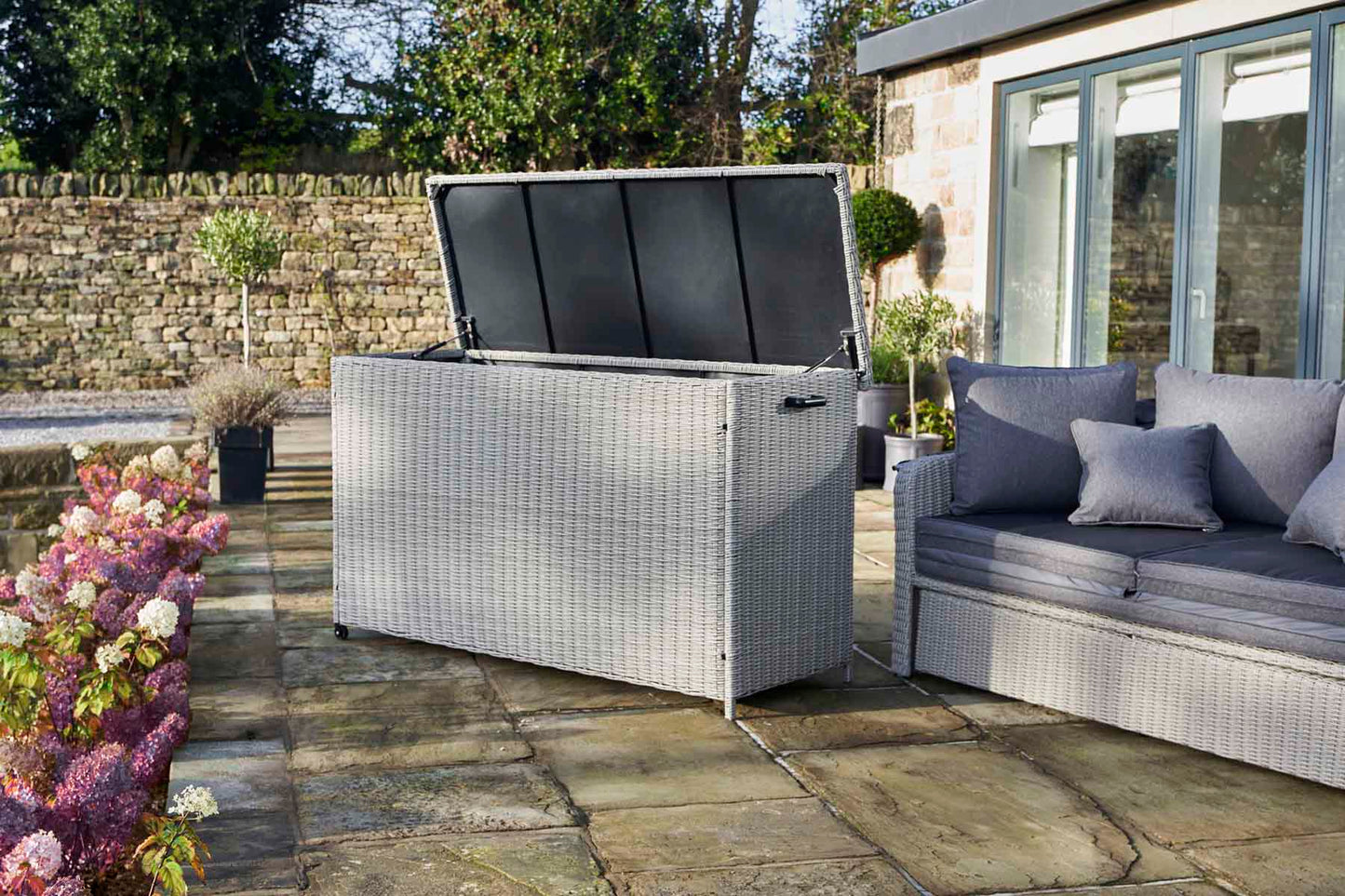 Large Stone Grey Rattan Effect Garden Cushion Storage Box – Click Style