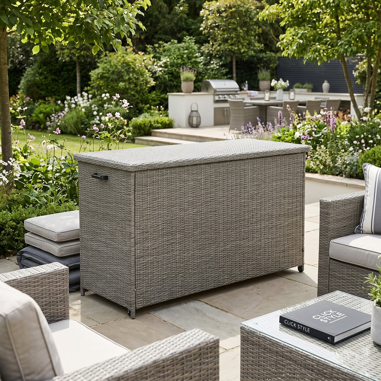 Large Slate Grey Rattan Effect Garden Cushion Storage Box 1000L Weatherproof Outdoor Cushion Storage Box with Gas Piston Assisted Lid, Wheels, Rustproof Aluminium Frame & PE Rattan Weave | Click Style