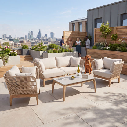 Neutral Beige 4-Seater Outdoor Rope Garden Sofa Set with Cushions – Acacia Wood & Polyrope Coffee Table & Armchairs 40x100x60cm – contemporary outdoor rope garden furniture set with natural oatmeal Olefin cushions, sustainable acacia wood frame, hand-woven latte polyrope weave, cement-effect polystone coffee table, weather-resistant patio seating for modern gardens, terraces and luxury outdoor living spaces | Click Style