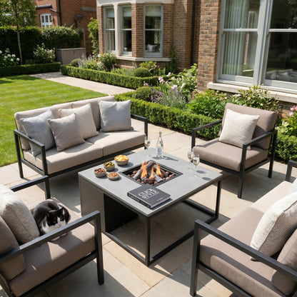 Cosiloft 100 Square Outdoor Gas Fire Pit Table with Black Metal Base & Grey Aluminium Top – Freestanding Garden Coffee Table Firepit 50x100x100cm – propane gas outdoor fire pit table with 9kW heat output, integrated gas burner with ceramic logs and lava stones, hidden 5kg gas bottle storage, weather-resistant aluminium frame, modern patio heater coffee table for garden, patio, decking and outdoor seating areas | Click Style