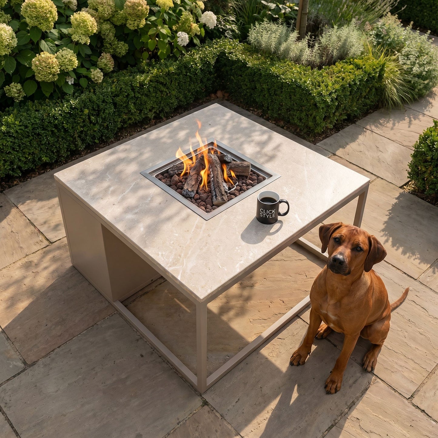 Cosiloft 100 Beige Taupe Gas Fire Pit Table with Stone-Effect Top – Square Outdoor Firepit 50x100x100cm – luxury propane gas garden fire pit coffee table with 9kW heat output, integrated gas burner with ceramic logs and lava stones, hidden 5kg gas bottle storage, removable metal burner cover, weather-resistant aluminium frame and contemporary outdoor heating for patios, terraces and modern UK garden seating areas | Click Style