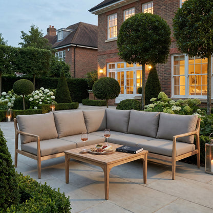 Neutral Beige Taupe Outdoor Garden Corner Sofa Set with Cushions & Square Coffee Table – Light Teak Effect Acacia Wood L-Shaped Lounge Set, 6-Seater Patio Corner Seating for Garden, Terrace, Conservatory & Outdoor Living Space | Click Style
