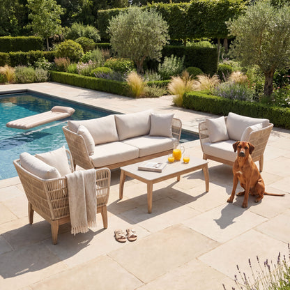 Neutral Beige 4-Seater Outdoor Rope Garden Sofa Set with Cushions – Acacia Wood & Polyrope Coffee Table & Armchairs 40x100x60cm – contemporary outdoor rope garden furniture set with natural oatmeal Olefin cushions, sustainable acacia wood frame, hand-woven latte polyrope weave, cement-effect polystone coffee table, weather-resistant patio seating for modern gardens, terraces and luxury outdoor living spaces | Click Style