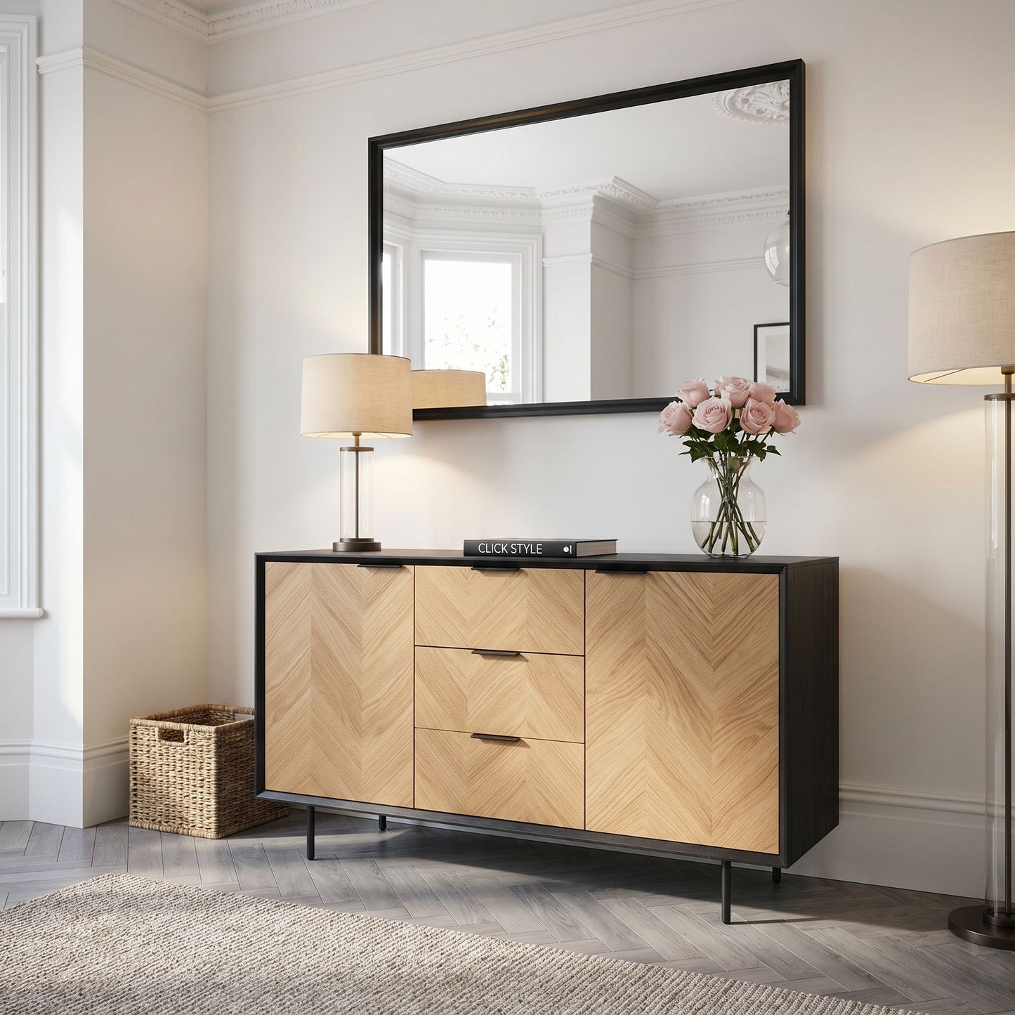 Scandinavian Two Tone Chevron Oak & Black Wood 2 Door 3 Drawer Sideboard with Herringbone Veneer Doors – Modern Scandi Storage Cabinet with Slim Black Metal Handles, Black Frame & Legs, Wooden Buffet Sideboard for Living Room, Dining Room & Hallway 80x140x43cm | Click Style