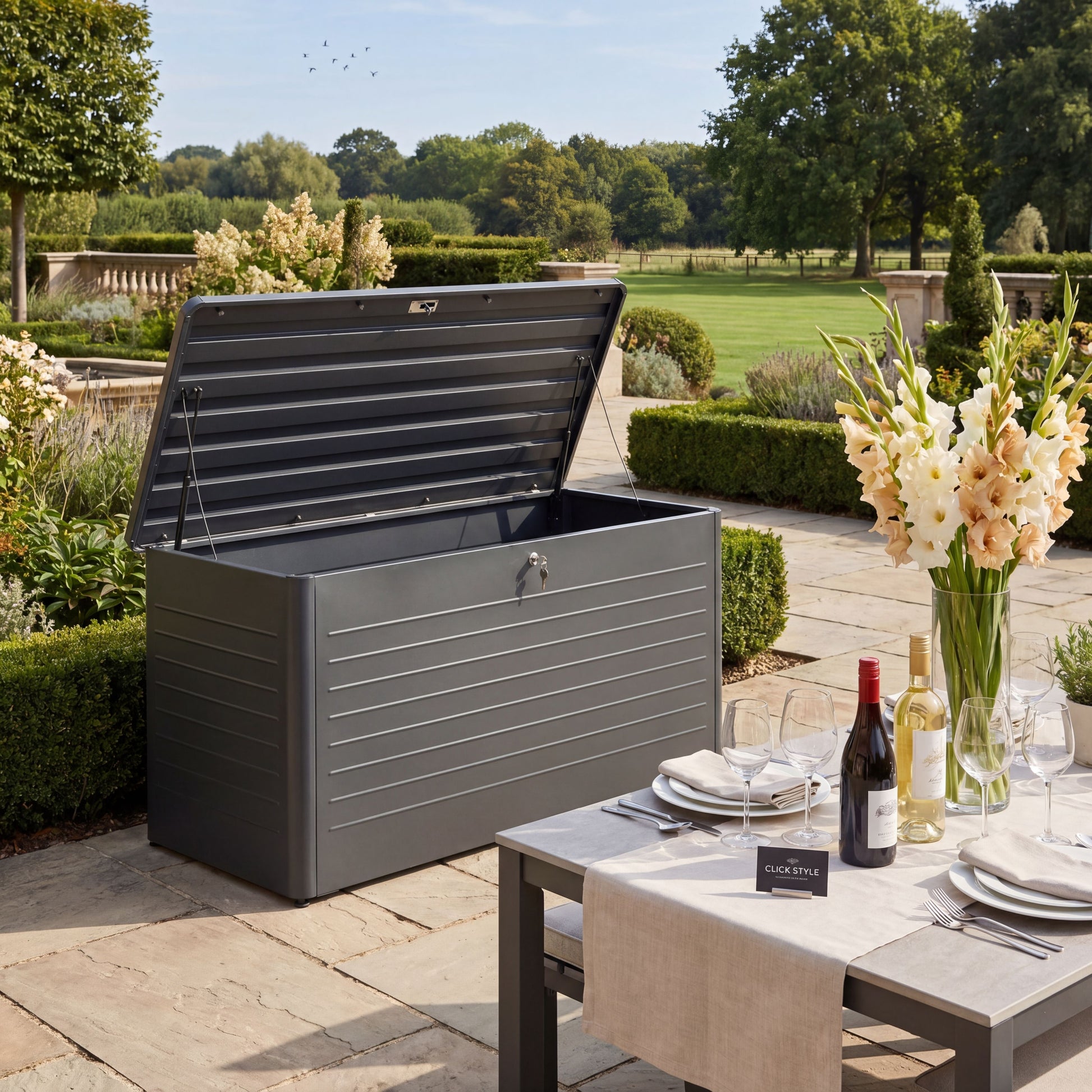 Large Anthracite Grey Galvanised Steel Outdoor Cushion Storage Box with Lockable Lid – Metal Garden Storage Chest 91x160x79cm – weatherproof powder-coated galvanised steel outdoor cushion storage box with gas pump-assisted soft-close lid, lockable garden storage for patio cushions, furniture covers and outdoor accessories, modern anthracite grey luxury garden storage chest for contemporary patios, landscaped gardens and premium outdoor living spaces | Click Style