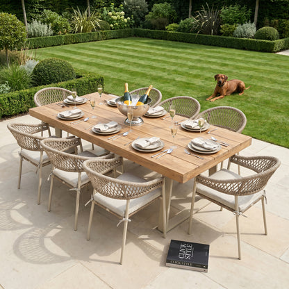 Natural & Light Beige 8 Seater Outdoor Garden Dining Set with Square Tie-On Cushions – Large Rectangular Thick-Top Acacia Wood Table & 8 Curved Back Rope Weave Dining Chairs, Light Beige Powder Coated Aluminium Frame, Light Linen Season-Proof Cushions with Secure Ties, Weather Resistant Luxury Garden Patio Furniture Set for Gardens, Patios, Decking & Terraces | Click Style