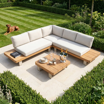 Natural & Light Beige 6-Seater Outdoor Garden Corner Sofa Set with Cushions – Acacia Wood Platform Lounge Set with Light Beige Powder-Coated Aluminium Frame, Coffee Table & Integrated Platform Side Tables 280x280cm, Deep Season-Proof Linen-Look Cushions & Weather-Resistant Outdoor Lounge Furniture for UK Gardens, Patios & Terraces | Click Style