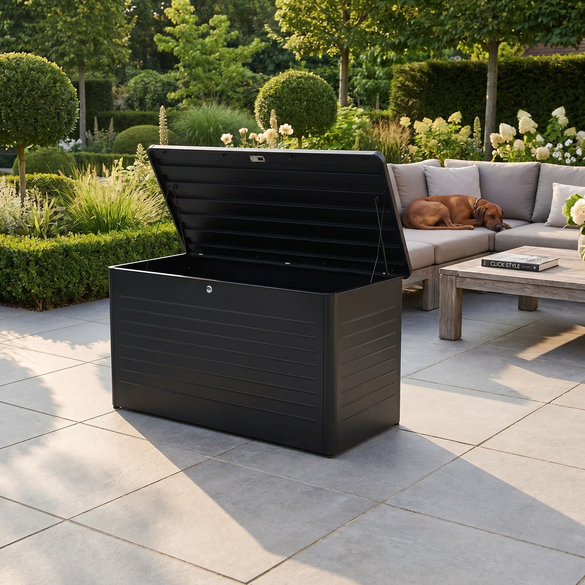 Large Black Galvanised Steel Outdoor Cushion Storage Box with Lockable Lid – Metal Garden Storage Chest 91x160x79cm – weatherproof powder-coated galvanised steel outdoor cushion storage box with gas pump-assisted soft-close lid, lockable garden storage for patio cushions, furniture covers and outdoor accessories, modern black luxury garden storage chest for premium outdoor living spaces | Click Style